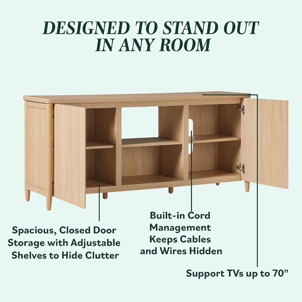 Walker Edison Scandinavian Reeded TV Stand with Storage for up to 70' TV Coastal Oak