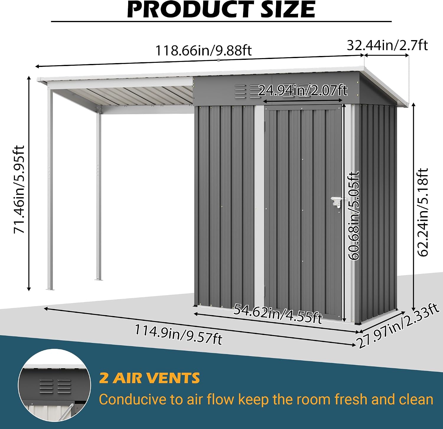 YOPTO 5×3 FT Outdoor Storage Shed & Gazebo Combo,Lean to Metal Tool Shed with Open Pergola,All-Weather 2-in-1 Garden Shed & Gazebo W/Sloping Roof and Lockable Door,for Backyard,Patio,Lawn(Gray)