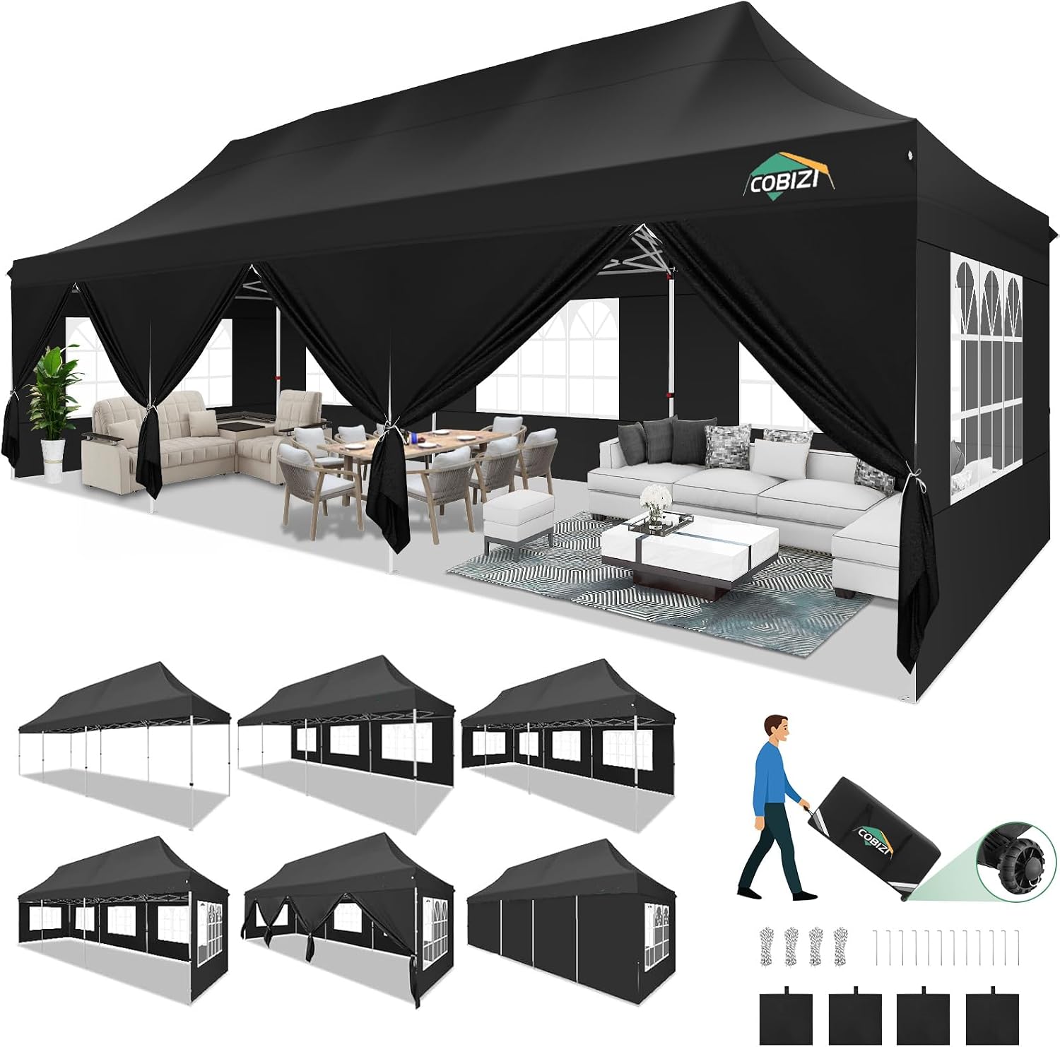 COBIZI Canopy Tent 10x30 Pop Up Canopy with 8 Removable Sidewalls Party Tents for Parties Wedding Patio Commercial Waterproof and UV50+ Ez Outdoor Instant Gazebo with Roller Bag & 4 Sandbags（Black）
