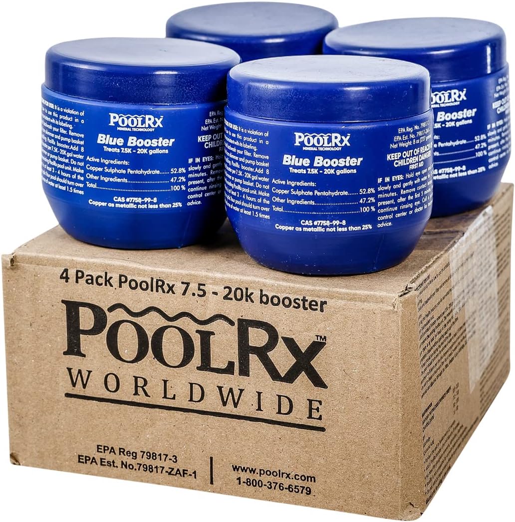 Pool RX 101003 Swimming Pool Algaecide, 4 Pack, Blue & PoolRx Booster Minerals for Pool, 7500 to 20000 gallons,4 Pack