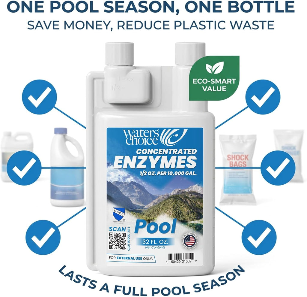 Waters Choice Weekly Pool Enzyme Concentrate 32 Ounce - Naturally Derived Pool Cleaner & Water Clarifier for Crystal Clear Pool Water - Reduce Chlorine Usage - No Scum or Odors