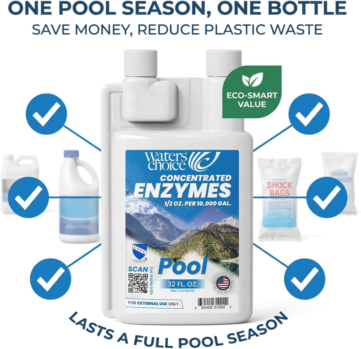 Waters Choice Weekly Pool Enzyme Concentrate 32 Ounce - Naturally Derived Pool Cleaner & Water Clarifier for Crystal Clear Pool Water - Reduce Chlorine Usage - No Scum or Odors