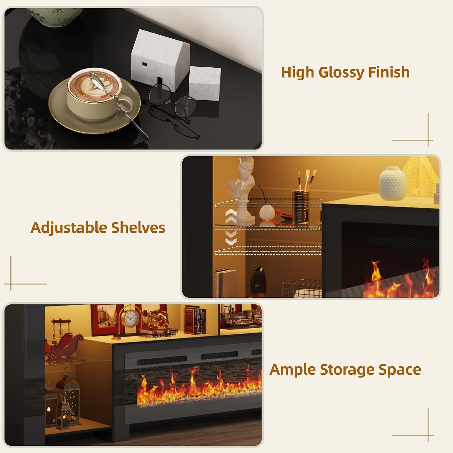 94.5' Extra Long Fireplace TV Stand with 50' Electric Insert, Modern High Gloss Entertainment Center for Up to 100' TVs, Media Console with Color-Changing LED Lights & Storage, Black