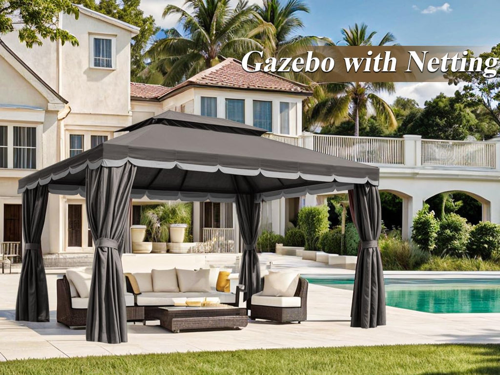 10x13 Gazebo for Patio, Outdoor Gazebo with Mosquito Netting & Curtains, Double Tier Roof Round Leg Marquee Canopy Shelter for Garden, Deck, Backyard, Lawn (D/Gry)
