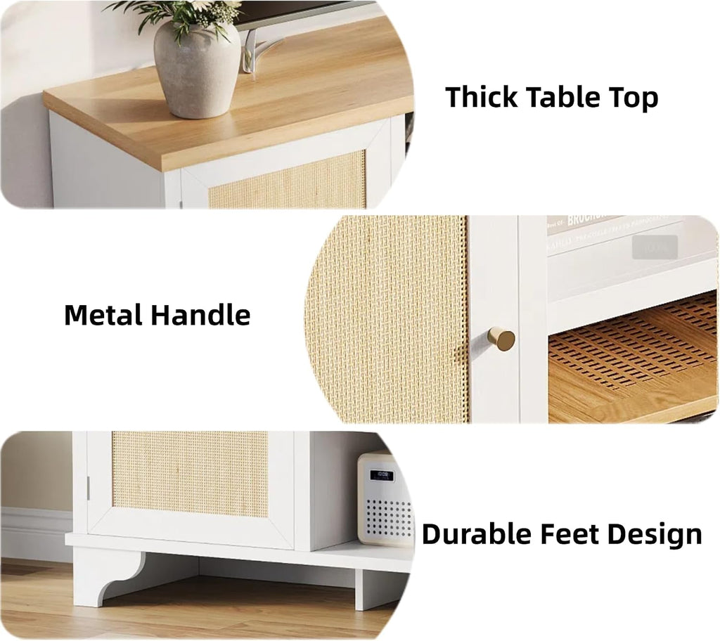GarveeHome Rattan TV Stand for 65 in TV, Boho Entertainment Center with Cabinets & Open Shelves, Wooden Media Console Table for Living Room, White