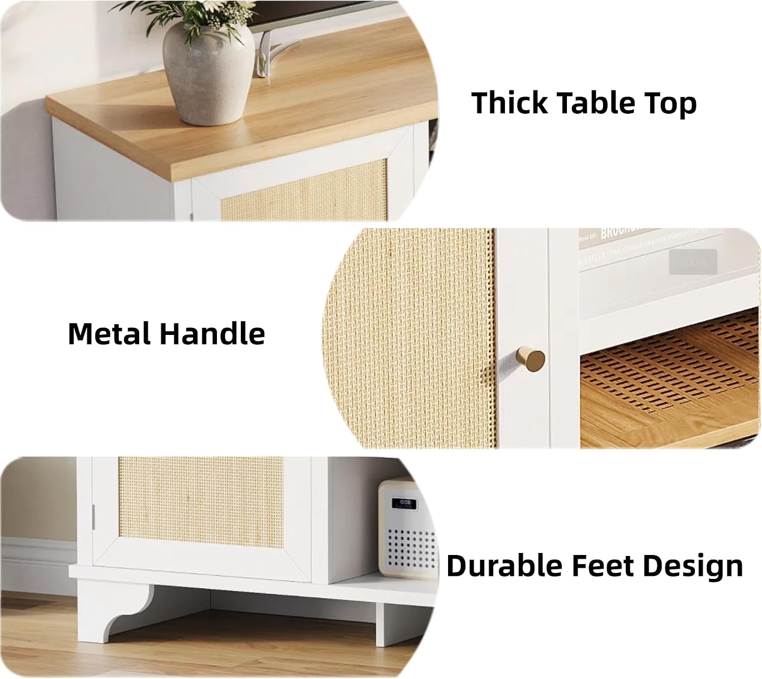 GarveeHome Rattan TV Stand for 65 in TV, Boho Entertainment Center with Cabinets & Open Shelves, Wooden Media Console Table for Living Room, White