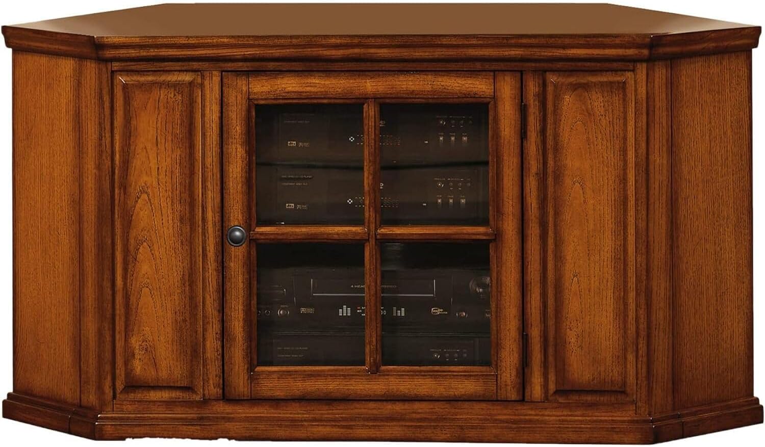 Opal Corner TV Stand for 50 Inch TVs, 46 Inch, Burnished Medium Oak, Space-Saving with Adjustable Shelf and Glass Door, Wood Entertainment Console – Leick Home, 88285