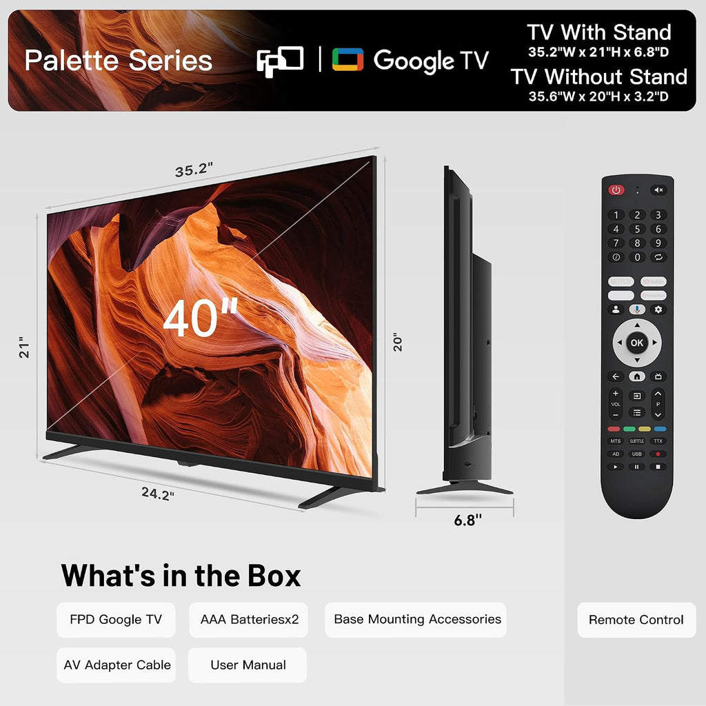 FPD 40-inch Smart TV, 1080p Full HD Google TV with Google Play Built-in Google Cast, HDR 10, Dolby Audio, Voice Remote, Stream Live Television (Palette-Series, CG40-P3)