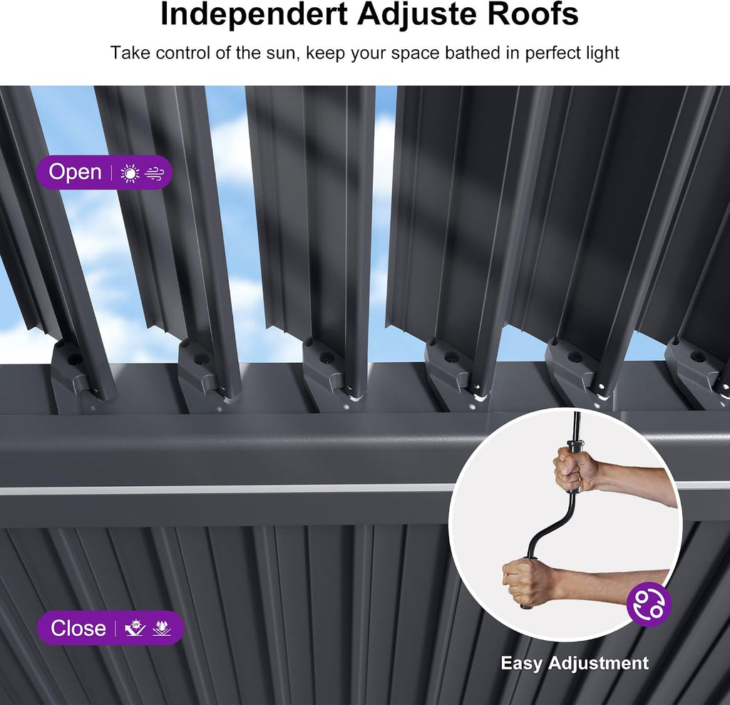 PURPLE LEAF Louvered Pergola 92KS 10' x 14' with Integrated LED Strip Lights Aluminum Outdoor Pergola with Adjustable Louvered Roof for Patio Deck Garden Yard Gray