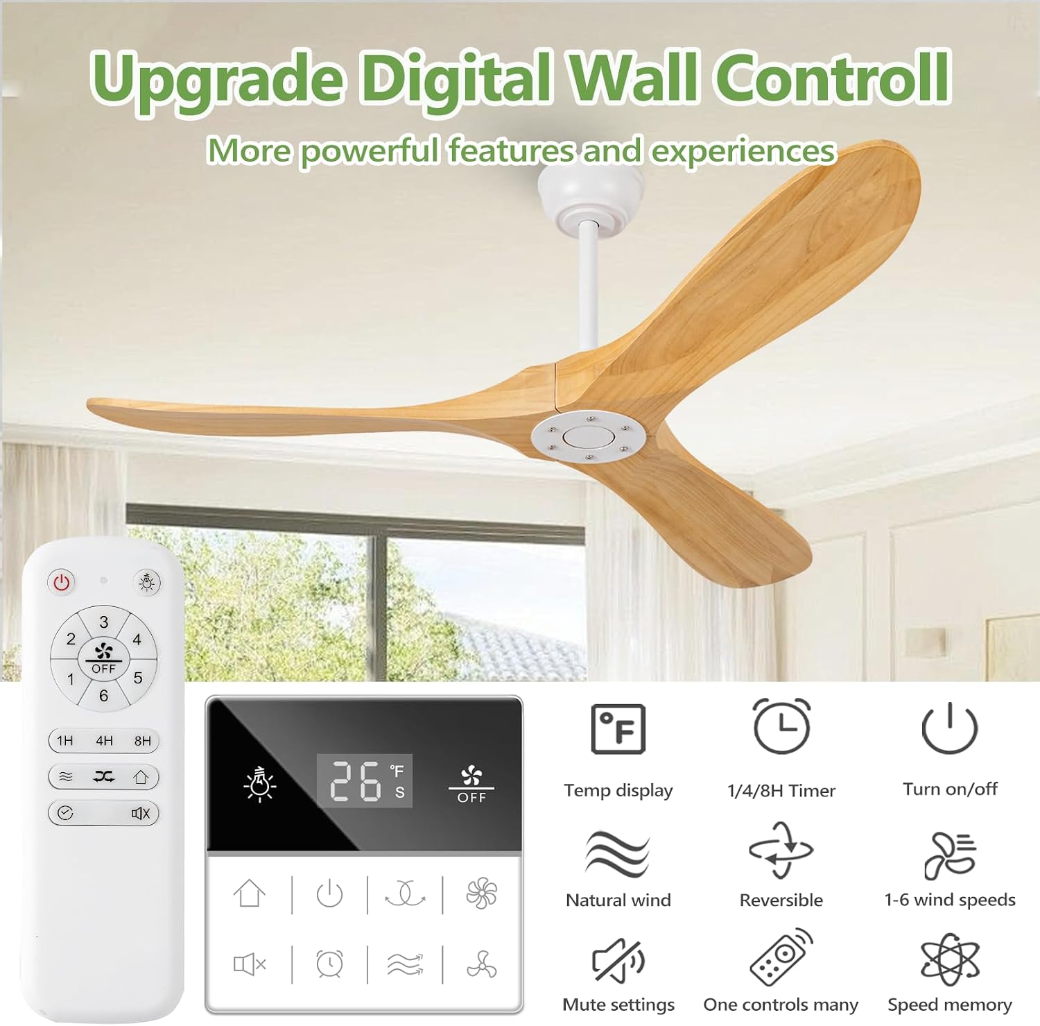 52 Inch Natural Wood Ceiling Fan No Light,Propeller Outdoor Ceiling Fans Without Lights with Wall Switch and Remote Control,Quiet DC Motor,3 Blades Ceiling Fan for Patios,Pavilion,Solid Wood