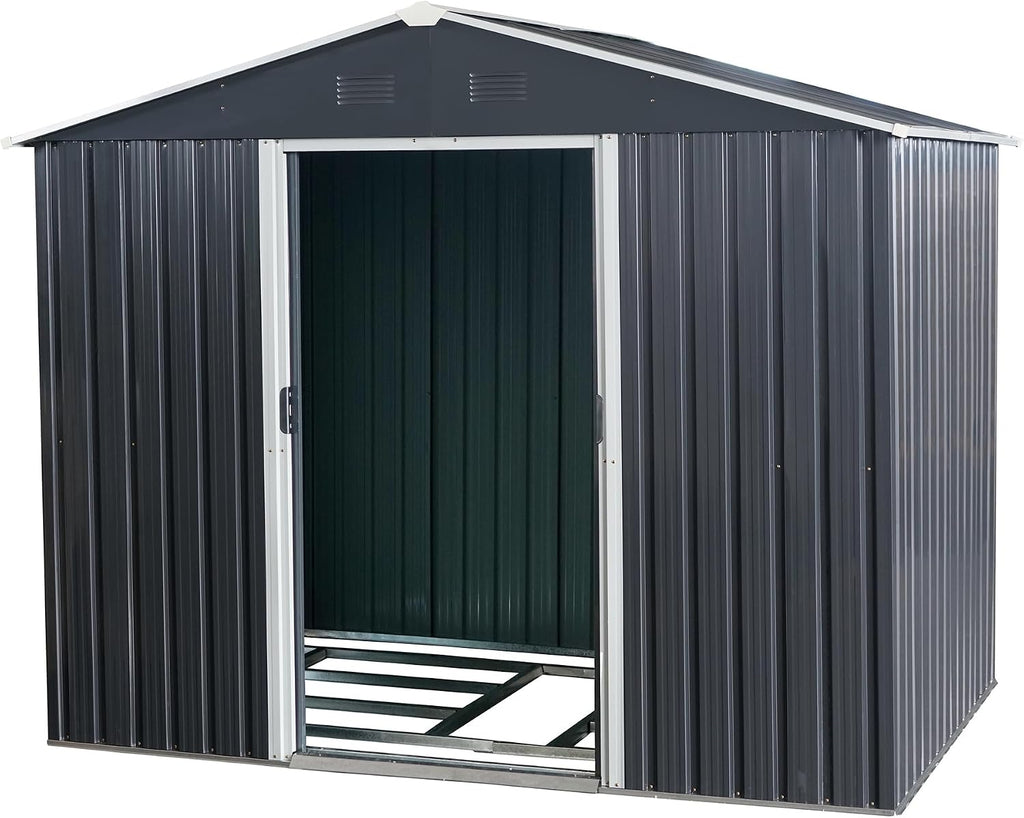 8X6 ft Outdoor Metal Storage Shed with Floor Floor, Lockable Galvanized Steel Tool Shed with Sliding Door and Air Vent, Waterproof Garden Storage House for Backyard, Patio