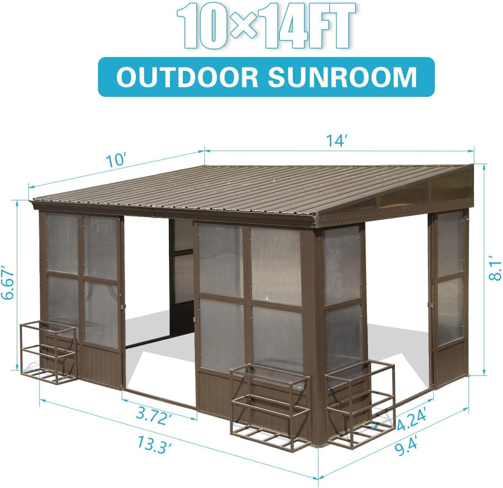 Domi 10x14FT Wall-Mounted Sunroom Gazebo, Aluminum Solarium with Galvanized Steel Sloping Roof, Detachable PVC Screens, Front & Side Sliding Doors, Outdoor Sun Room Lean to Gazebo for Patio Deck Lawn