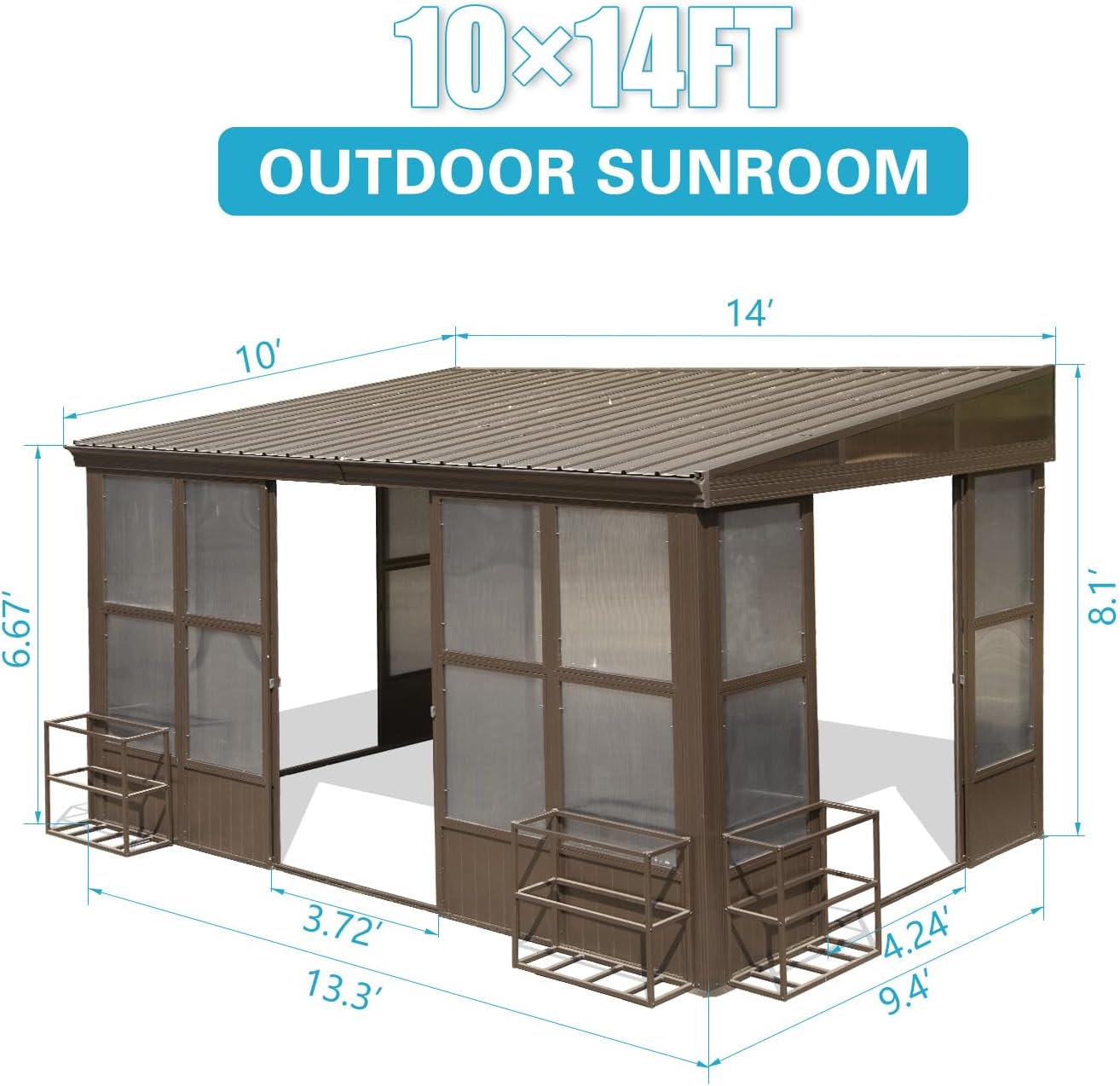 Domi 10x14FT Wall-Mounted Sunroom Gazebo, Aluminum Solarium with Galvanized Steel Sloping Roof, Detachable PVC Screens, Front & Side Sliding Doors, Outdoor Sun Room Lean to Gazebo for Patio Deck Lawn