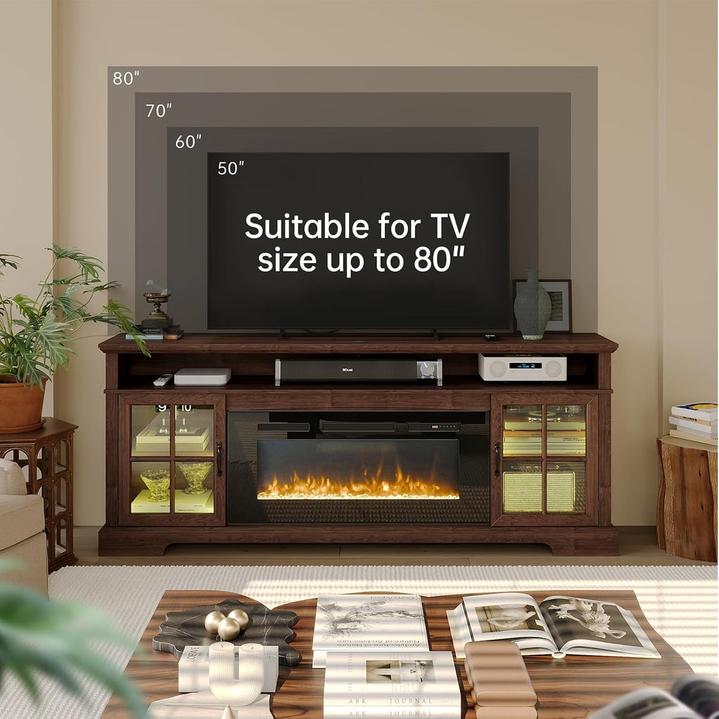 70' Farmhouse TV Stand with 36' Fireplace for TVs up to 80', Media Entertainment Center with Adjustable Shelves and Large Storage Cabinets, for Living Room, Brown & Black