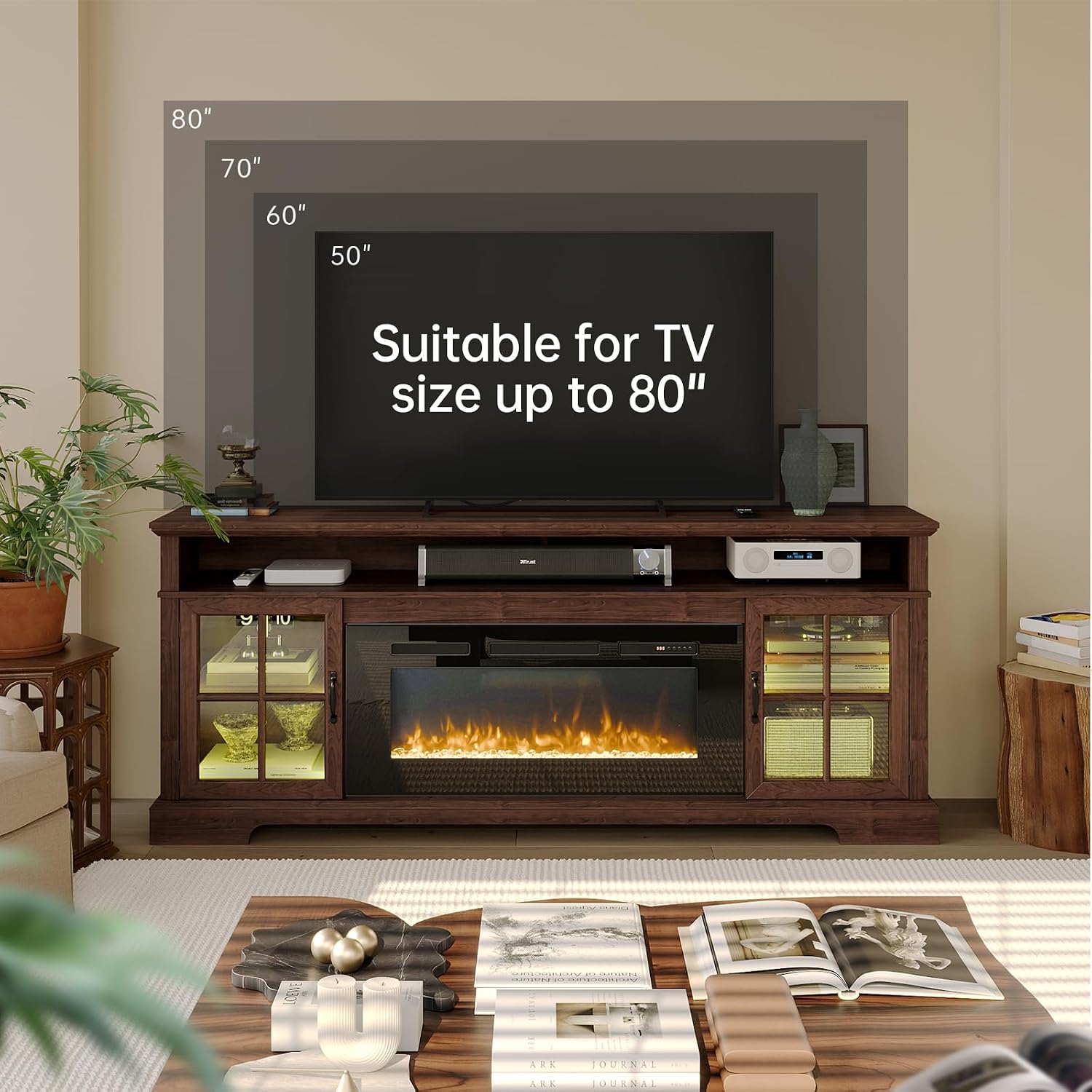 70' Farmhouse TV Stand with 36' Fireplace for TVs up to 80', Media Entertainment Center with Adjustable Shelves and Large Storage Cabinets, for Living Room, Brown & Black