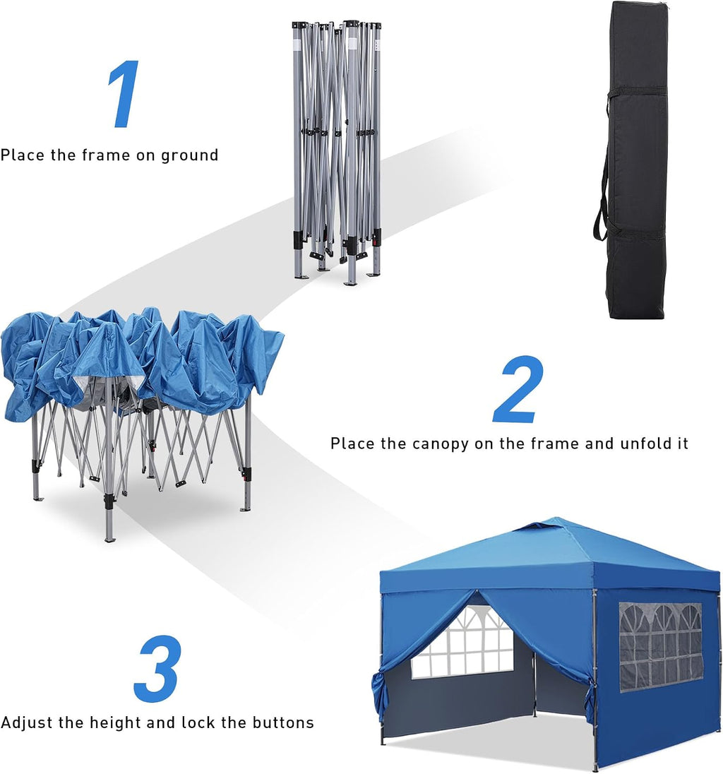 GDY 10x10ft Pop Up Canopy Tent with Sidewalls, Beach Tent, Easy Set up Gazebo for Events, Parties, Camping, Blue.