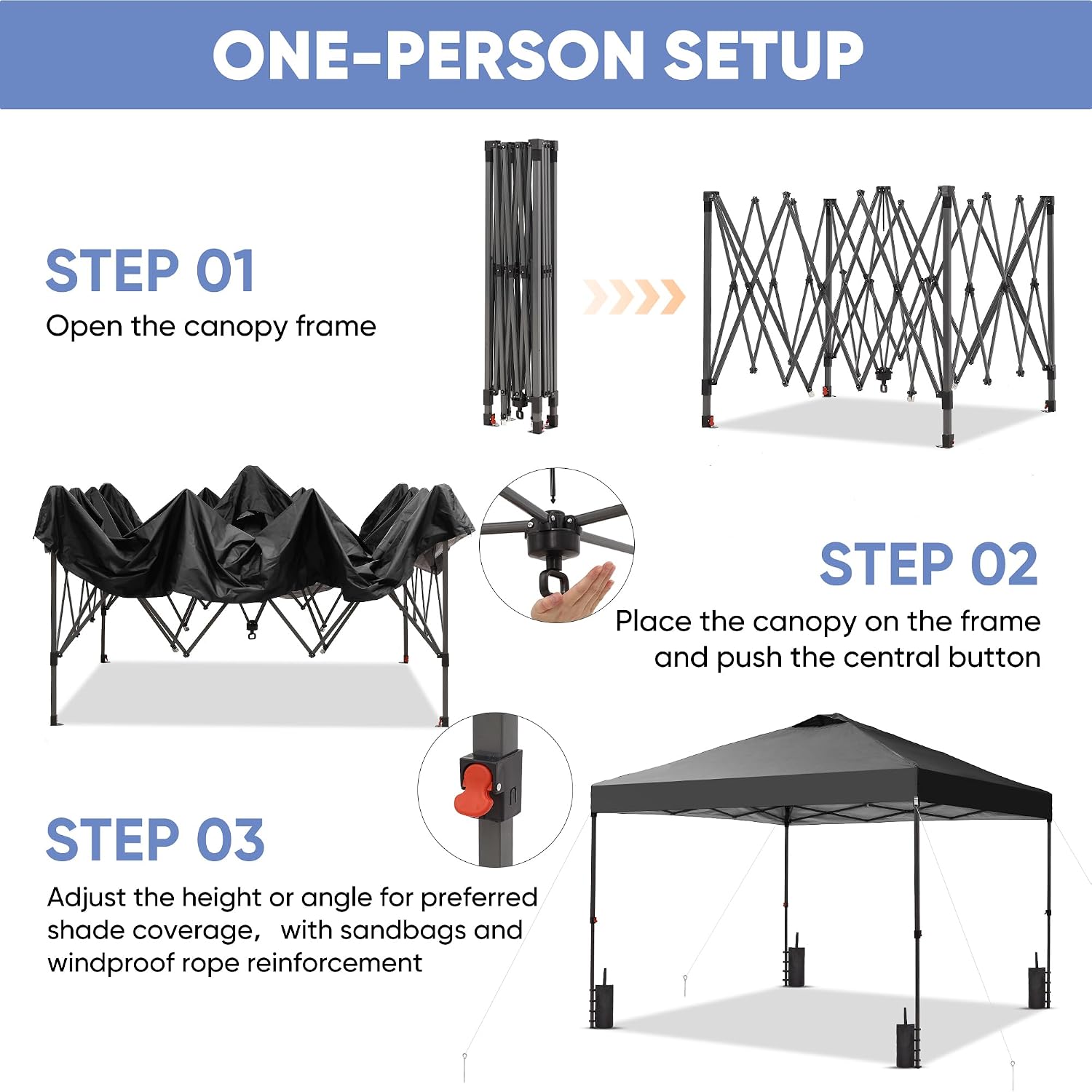 GDY 12x12 Pop Up Canopy Patio Carpas, One Push Set up with Central Lock Canopy with Wheeled Carry Bag, Included 4 Sandbaogs,8 Stakes and 4 Ropes, Black