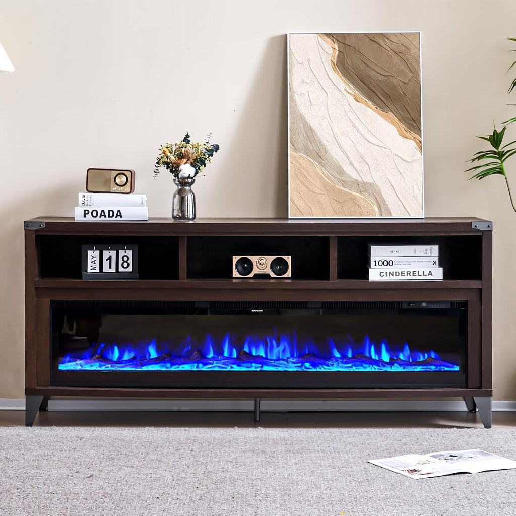 AMERLIFE 65' Fireplace TV Stand with 60' Glass Electric Fireplace, Industrial & Farmhouse Media Entertainment Center with Open Shelve Storage for TVs Up to 75', TV Console for Living Room, Espresso