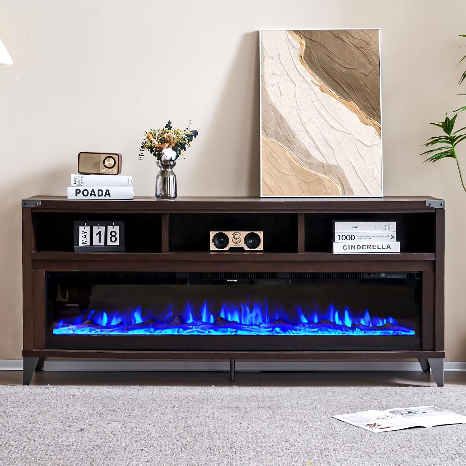 AMERLIFE 65' Fireplace TV Stand with 60' Glass Electric Fireplace, Industrial & Farmhouse Media Entertainment Center with Open Shelve Storage for TVs Up to 75', TV Console for Living Room, Espresso