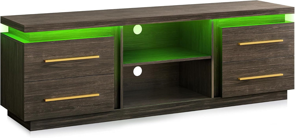 BELLEZE 66' TV Stand for TVs Up to 75', Entertainment Center with Music Sync LED Lights, Media Console Table Storage Cabinet with Open Shelves & Drawers for Living Room, Bedroom - Hawthorn (Brown)