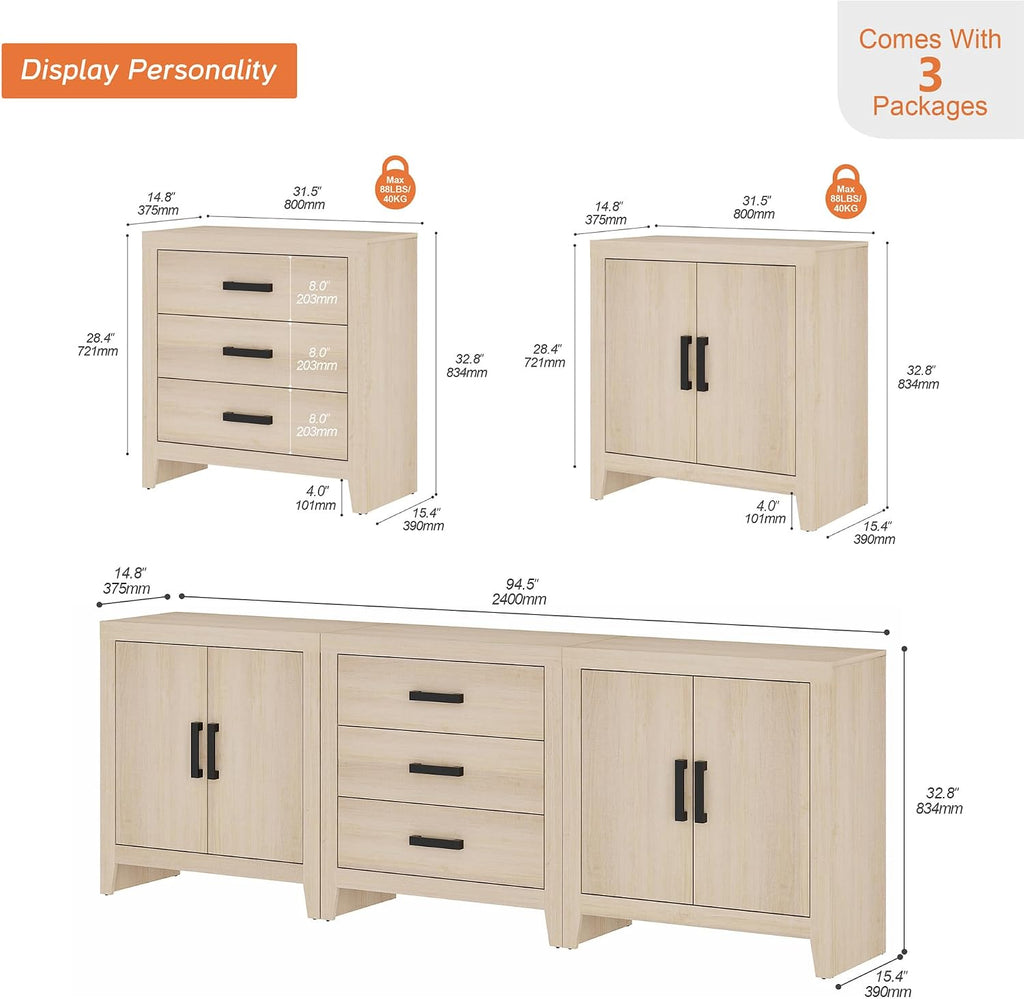 WAMPAT TV Stand for TVs up to 85 Inch, 3-Piece Modular Entertainment Center with Drawers and Doors, Farmhouse Media Console for Living Room, Bedroom, Home Theater, Beige