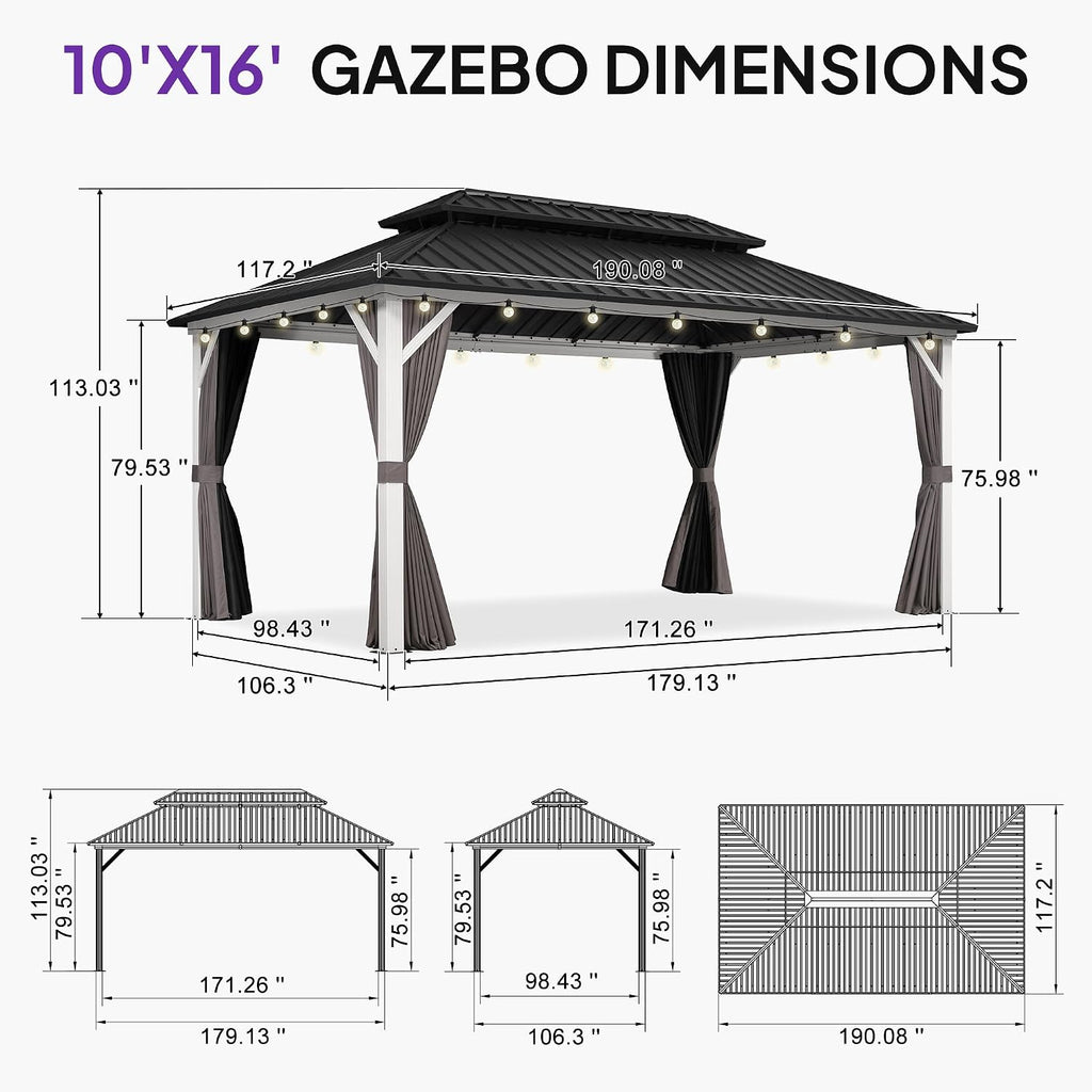 PURPLE LEAF 10' X 16' Outdoor Gazebo Galvanized Steel Double Roof White Aluminum Frame Hardtop Heavy Duty Gazebo with Curtain and Netting for Patio Garden and Backyard, Grey