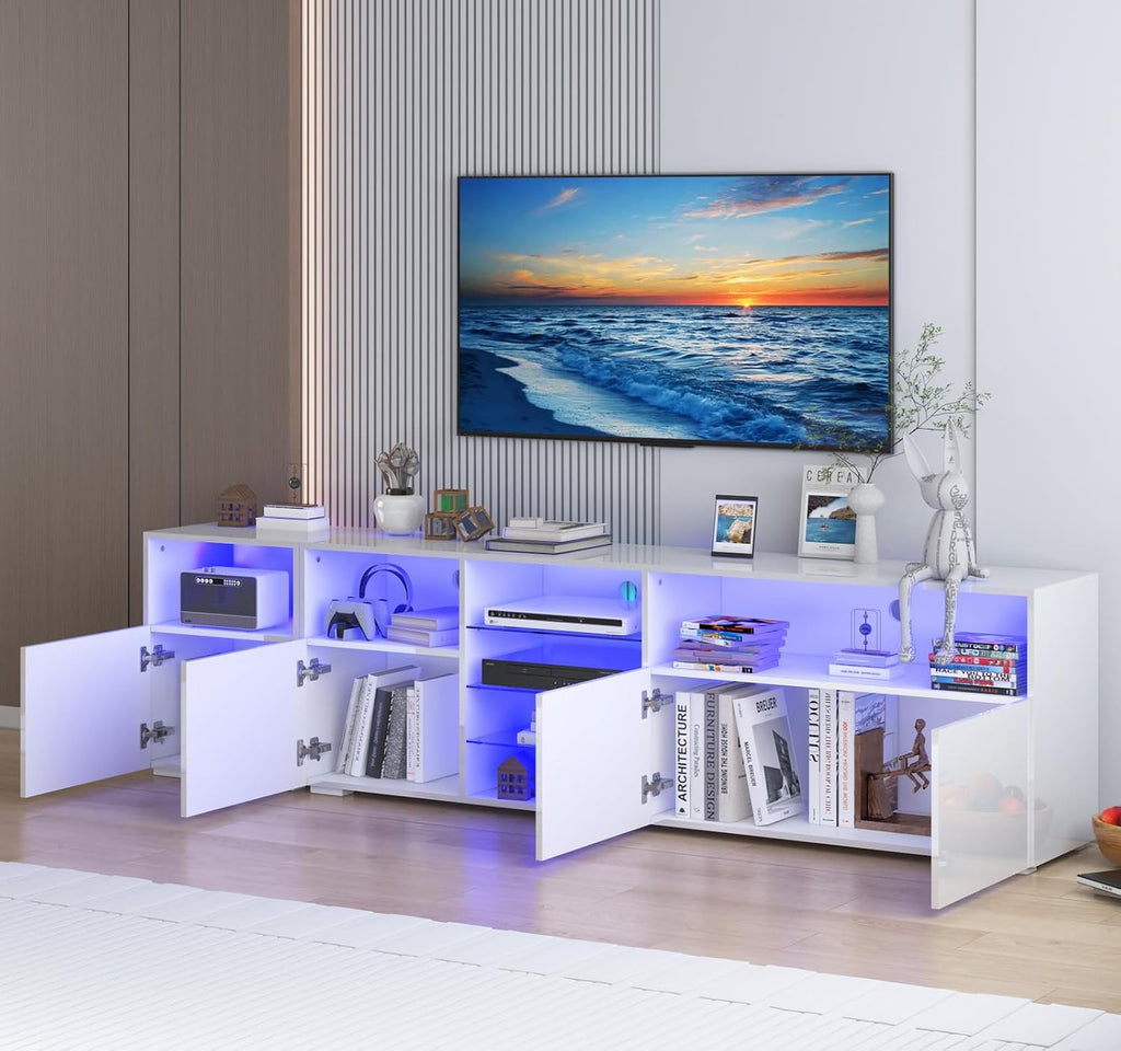 jiteentarou 79IN LED TV Stand for 75/80/85inch TV,High Glossy Modern TV Stand for Living Room,TV Entertainment Center with Adjustable Storage Shelf,RGB LED Lighting,TV Console(White)