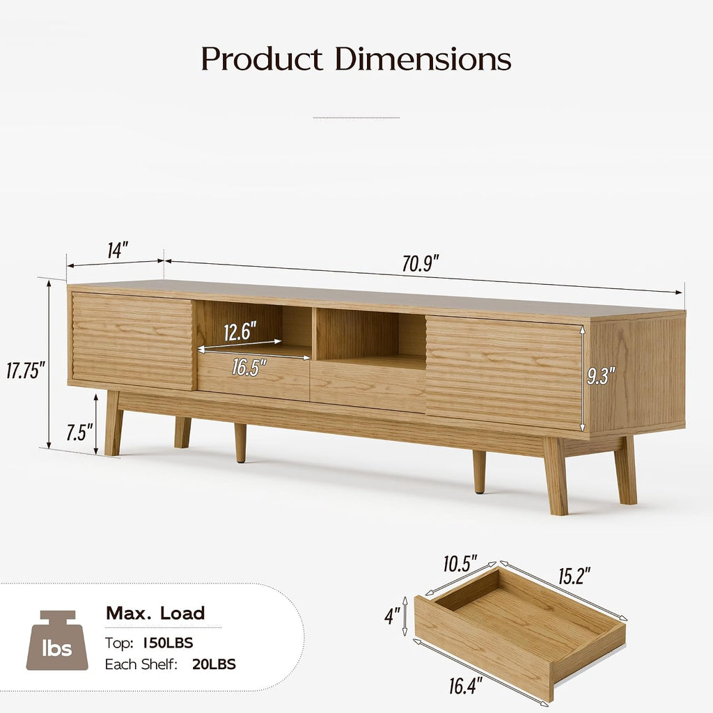 TOLEAD 70' Mid Century Modern TV Stand for TVs up to 75 Inch, Low Profile Entertainment Center with Fluted Sliding Doors & Storage Drawers, Wood TV Console Table for Living Room, Oak