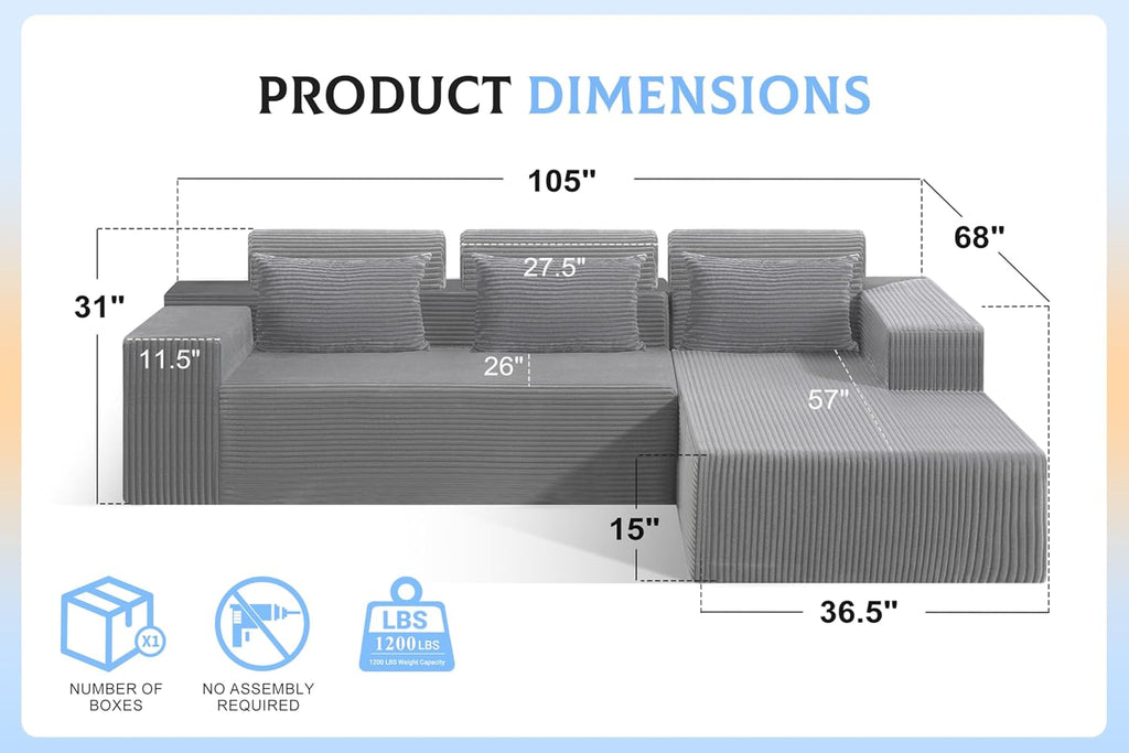 Homguava Modular Sectional Couches for Living Room,105' Cloud Couch with L-Shape Chaise,Comfy Sofa Living Room Sofas with Deep Seat,No Assembly L Couch,Corduroy Fabric(Light Grey,R)