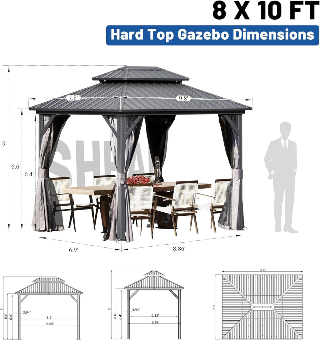 Hardtop Gazebo 8x10 FT, Metal Outdoor Gazebos with Galvanized Steel Double Roof, Curtains and Nettings, Permanent Gazebo Pavilion for Patio Wedding, Party, Outdoor Dining -Grey
