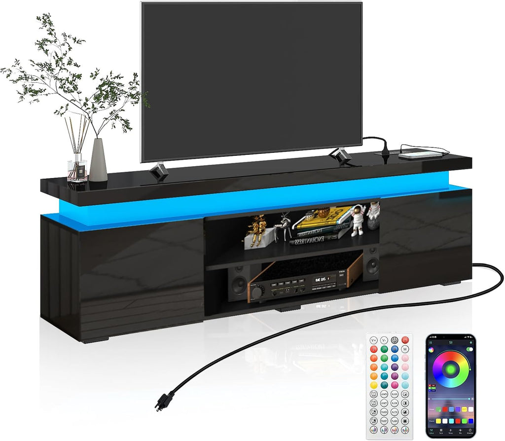 Hlivelood LED TV Stand for 75 Inch TV, Modern TV Stand with Power Outlet, High Gloss TV Console Entertainment Center with Storage and LED Lights for Living Room, Bedroom (66 Inch, Black)