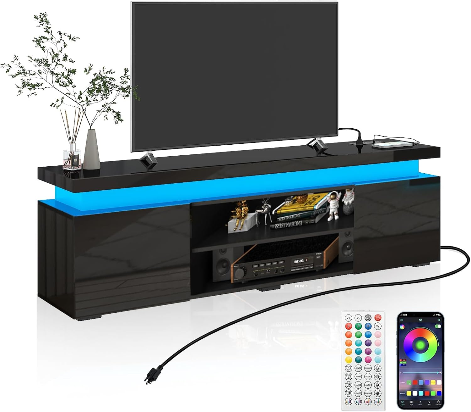 Hlivelood LED TV Stand for 75 Inch TV, Modern TV Stand with Power Outlet, High Gloss TV Console Entertainment Center with Storage and LED Lights for Living Room, Bedroom (66 Inch, Black)