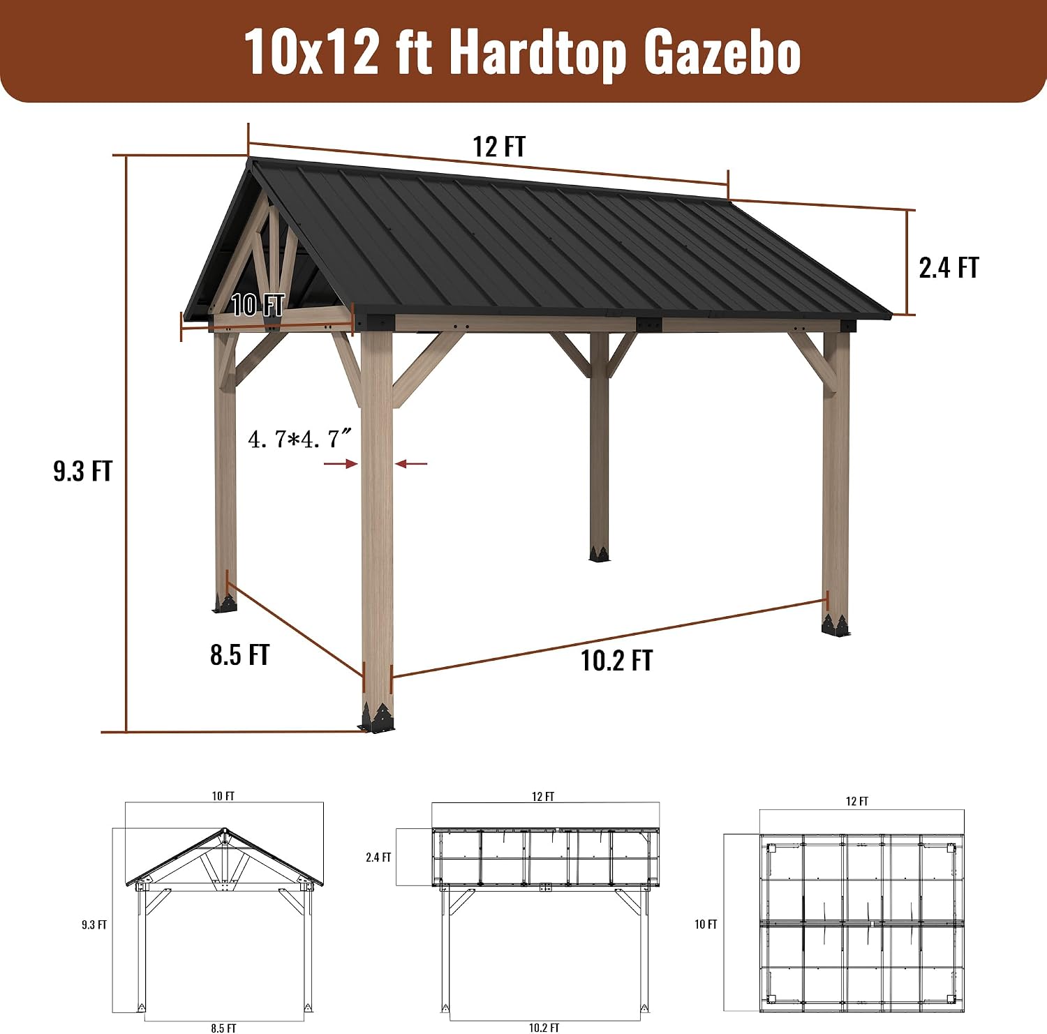 10 x 12 ft Gable Cedar Wood Gazebo Premium Hardtop Permanent Gazebo Pergola with Galvanized Steel Roof Pavilion for Patio Lawn Backyard
