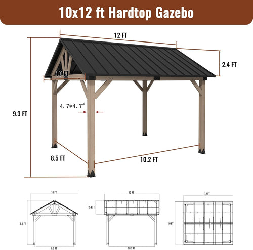 10 x 12 ft Gable Cedar Wood Gazebo Premium Hardtop Permanent Gazebo Pergola with Galvanized Steel Roof Pavilion for Patio Lawn Backyard