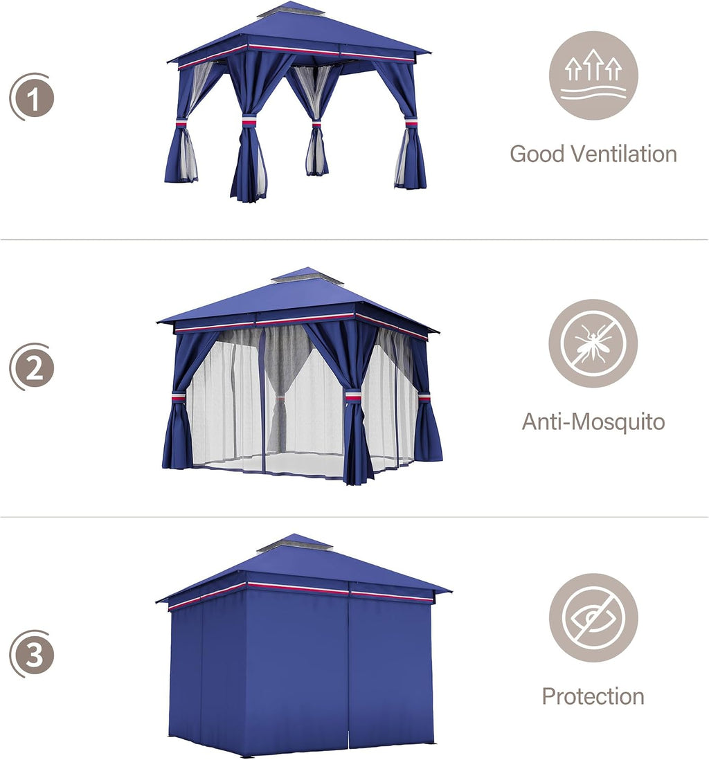 LAUSAINT HOME 10'x10' Outdoor Patio Gazebo with 50FT String Lights, Heavy Duty Party Tent & Shelter with Double Roofs, Mosquito Nettings and Privacy Screens for Backyard, Garden, Deck (Klein Blue)