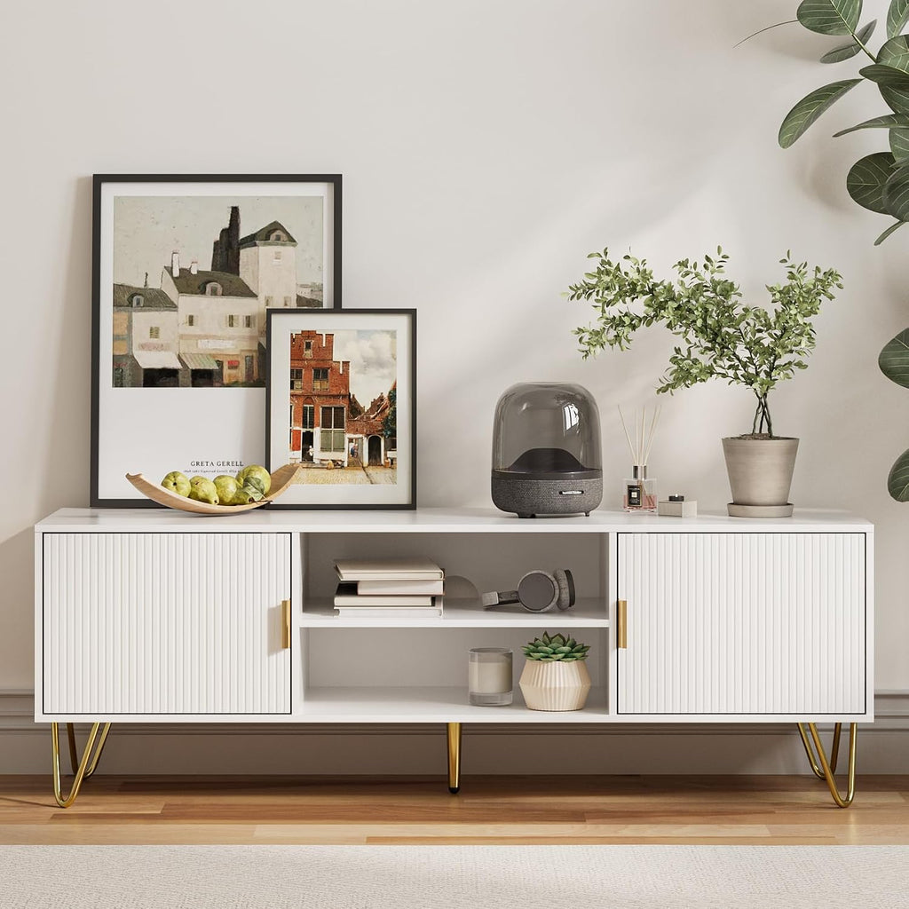 TV Stand for 55-65 Inch TV, Entertainment Center with Soft Hinge Door,TV Console Table with 2 Cabinets with Gold Handle and Feet,for Living Room, Bedroom, White