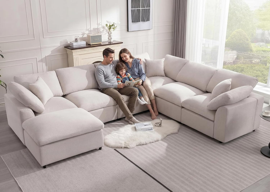 Siiejia Modular Sectional Sofa Modern Oversized Chenille Cloud Couch with Movable Ottoman 7 Seater L-Shaped Sofas Comfy Couches for Living Room Spacious Space Office Lounge, Beige