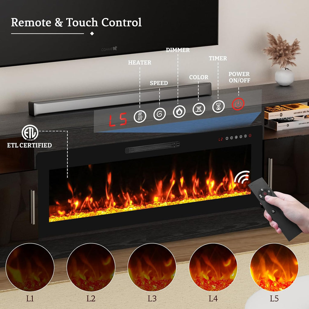 Kucreiheat Fireplace TV Stand for 70-90 inch TV, Large Entertainment Center with Fireplace & LED Lights,High Gloss Living Room Storage Cabinet, Black, 80''(Crystal)