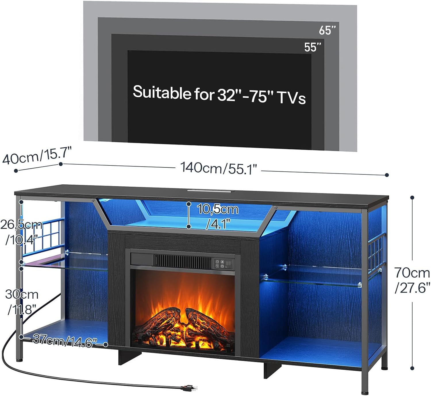 HOOBRO Fireplace TV Stand with LED Lights for TVs up to 65 Inch, Electric TV Stand with Fireplace with Charging Station, Entertainment Center with 18' Fireplace, Media TV Console, Black BB147UDDS01