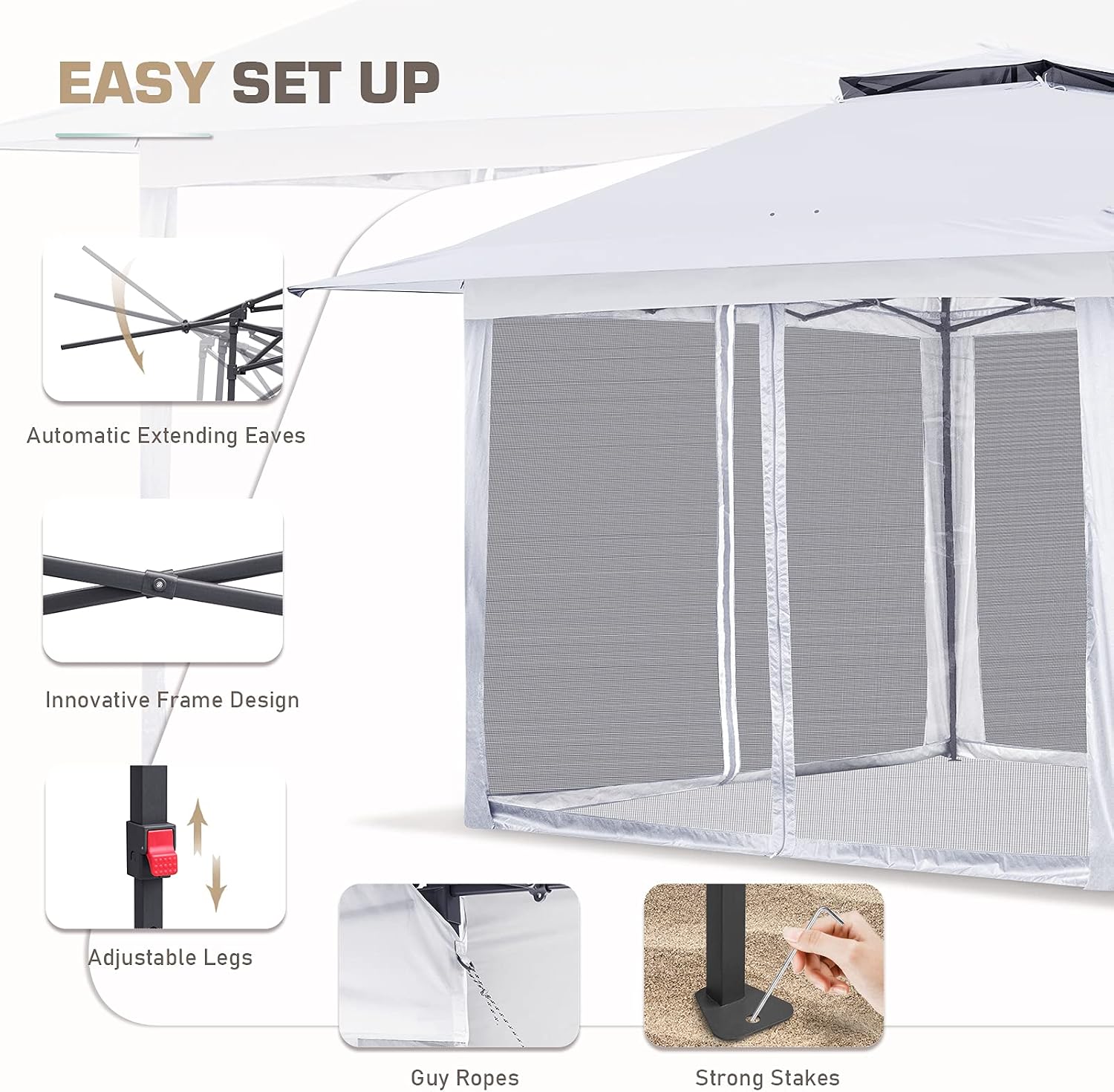 EAGLE PEAK 13x13 Pop Up Gazebo with Mesh Netting, Easy Up Screened Canopy for Patio and Backyard, Easy Set up Outdoor Gazebo (White)