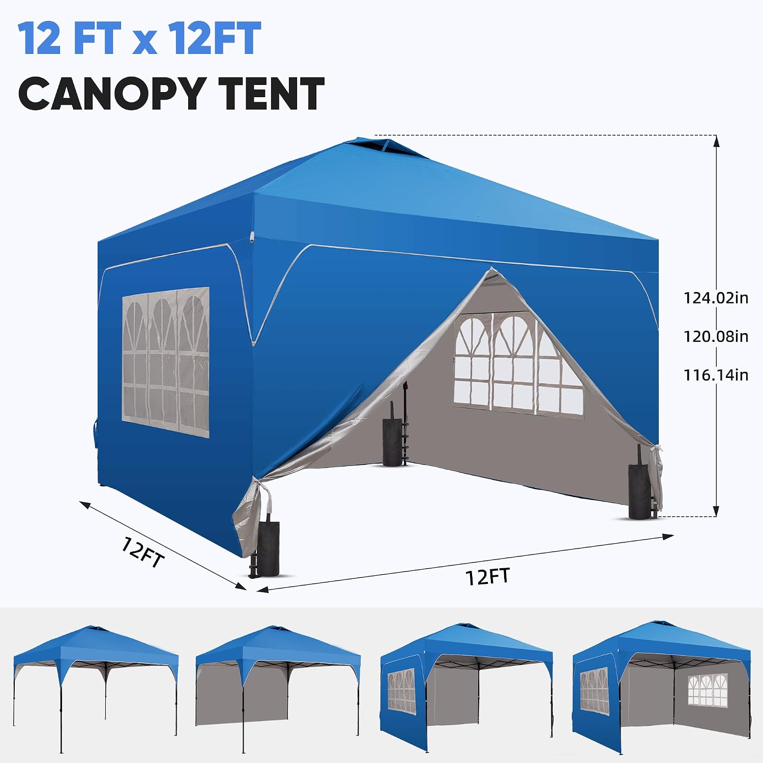 12x12 Pop Up Canopy Tent with One Push Setup, Outdoor Sun Shade Canopy with Vent Top for Backyard Party, Easy Up Instant Shelter with 4-Sandbags & Wheel Bag, Blue.