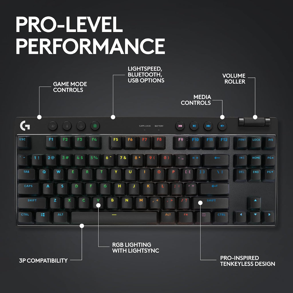 Logitech G PRO X TKL Lightspeed Wireless Gaming Keyboard, Ultra-Portable Tenkeyless Design, LIGHTSYNC RGB, PBT keycaps, Linear Switches (GX Red) - Black