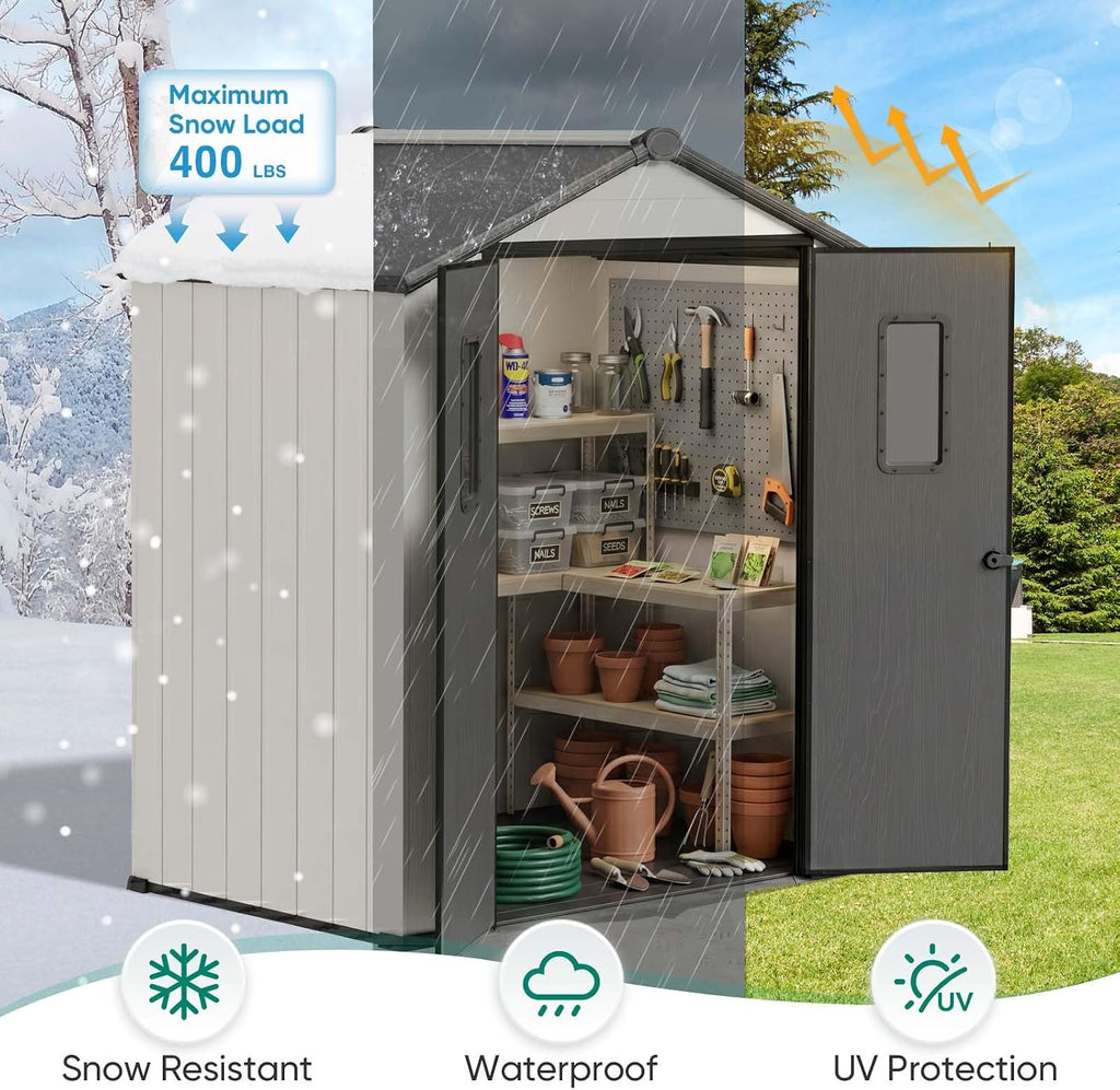 6x4 Outdoor Storage Shed with Floor, Heavy Duty Resin Tool Shed, Weather Resistant Garden Storage Building with Windows, White/Gray