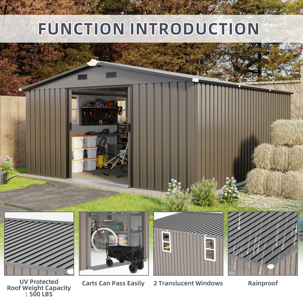 10x12 FT Outdoor Storage Shed with Windows, Brown Color Steel Metal Garden Shed with Protective Film, 0.25mm Roof & Wall Panels, Gift Tool Kit Included
