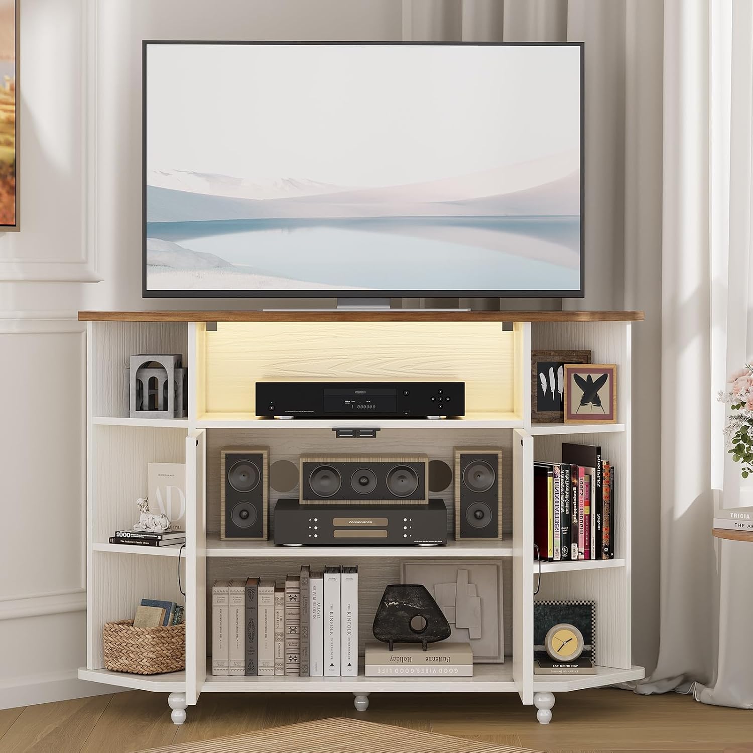 4 EVER WINNER Corner TV Stand for 55 Inch TV, Corner TV Console with Storage, Farmhouse Corner TV Cabinet with Cable Management&LED Lights for Bedroom/Living Room, White