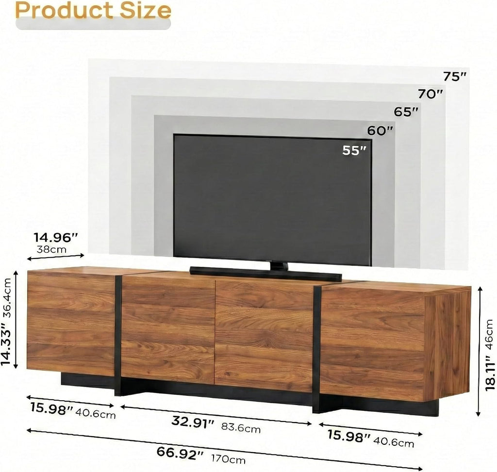 holzart 67 Inch TV Stand for TVs up to 70 Inch, Mid Century Modern Wood Media Console with 4 Storage Doors, Entertainment Center TV Cabinet Sideboard for Living Room Bedroom, Walnut Brown
