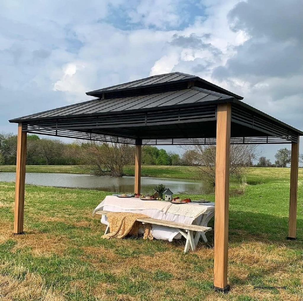 SUNJOY 13 x 15 ft. Hardtop Gazebo, Outdoor Patio Black Steel Frame Gazebo with 2-Tier Steel Roof,for Ultimate Outdoor Enjoyment, for All-Season Comfort
