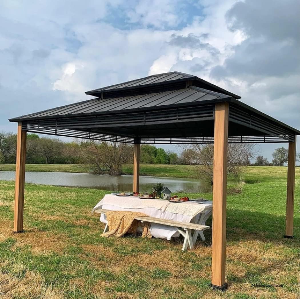 SUNJOY 13 x 15 ft. Hardtop Gazebo, Outdoor Patio Black Steel Frame Gazebo with 2-Tier Steel Roof,for Ultimate Outdoor Enjoyment, for All-Season Comfort