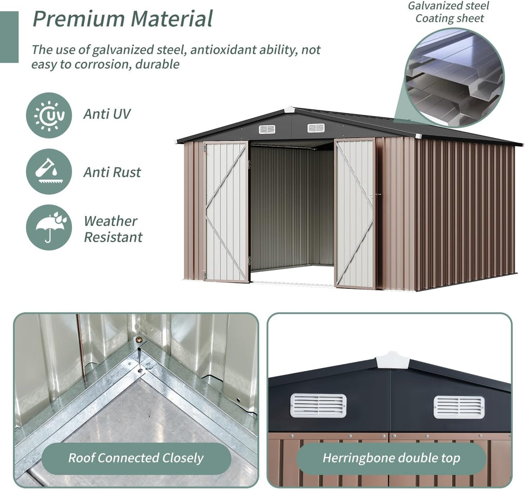 10'x10' Brown Metal Tool Shed (Without Base) Double-Door, Vent Windows,Garden, Patio, Lawn, Poolside