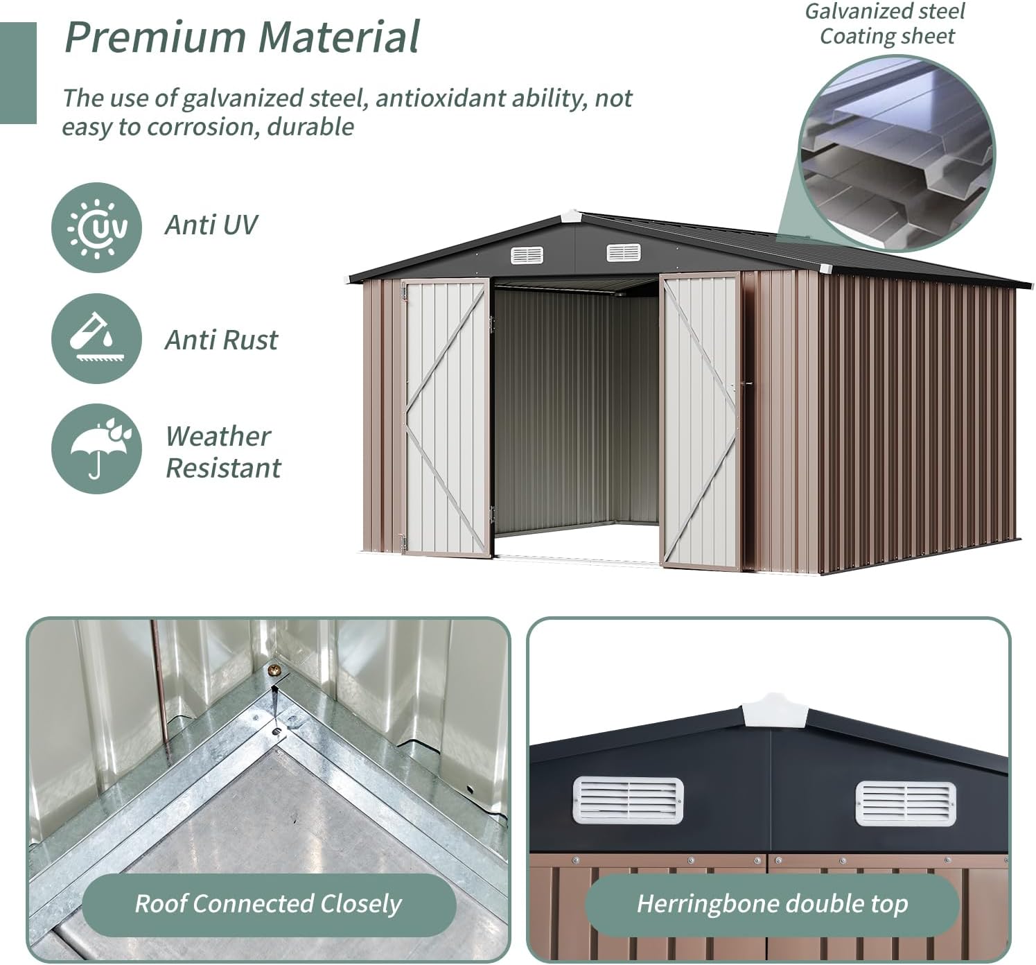 10'x10' Brown Metal Tool Shed (Without Base) Double-Door, Vent Windows,Garden, Patio, Lawn, Poolside